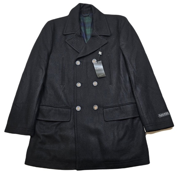 Lauren Ralph Lauren Peacoat Double Breasted Mens Medium 40R Black Wool Luke $395 - Picture 1 of 10